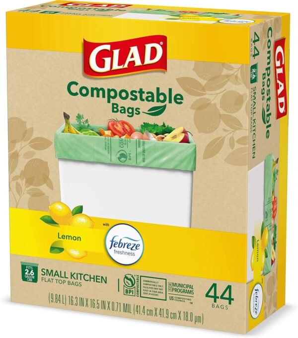 Glad Trash Bags, Kitchen Compost Bags 2.6 Gallon Garbage Bags, 100% Compostable Bag, Febreze Lemon, 44 Count (Package May Vary), Light Yellow - Image 14