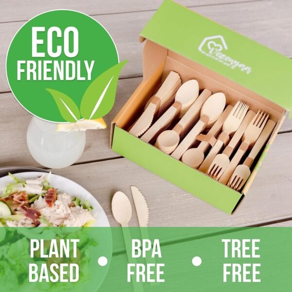 Disposable Bamboo Utensils, 200 Count PLUS BONUS 50 Knives [100 Spoon 100 Fork 50 knives] - Real Bamboo Eco-Friendly Compostable Cutlery - Image 4