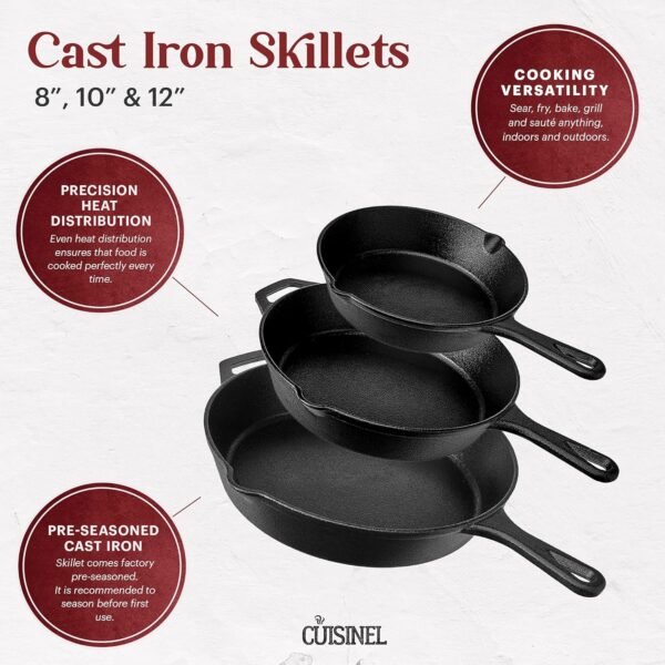 Cuisinel Cast Iron Skillets Set + Glass Lids - 8"+10"+12"-Inch Frying Pans + Silicone Handle Holder Covers - Pre-Seasoned Oven Cookware - Use Indoor/Outdoor, Grill, Stovetop, Camping Fire, Oven - Image 2