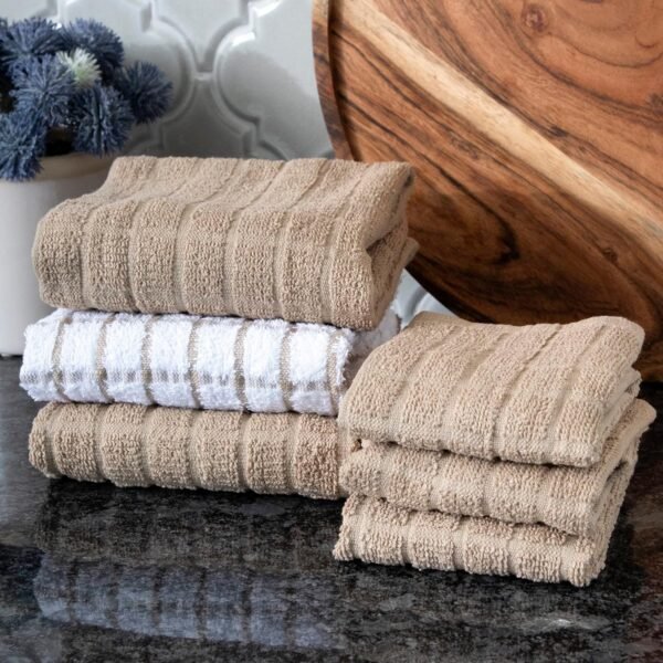 Ritz Premium Kitchen Towel and Dish Cloth Value Set: Highly Absorbent, Super Soft, Long-Lasting, 100% Cotton Checked and Solid Hand Towels, Tea Towels, Bar Towels - 6 Pack, Putty - Image 6