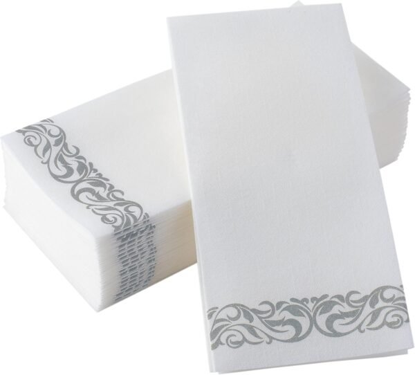 50-Pack Disposable Linen-Feel Guest Towels For Bathroom - Decorative White Hand Towels, Silver Floral Paper Napkins