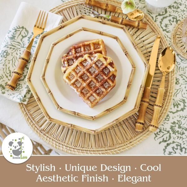 Bamboo Silverware Set Natural Bamboo Flatware Set Hand Crafted Bamboo Cutlery Utensils, Handmade With Love By KoalaLove! (4 Sets, 24 Cutlery Pieces, Gold) - Image 3