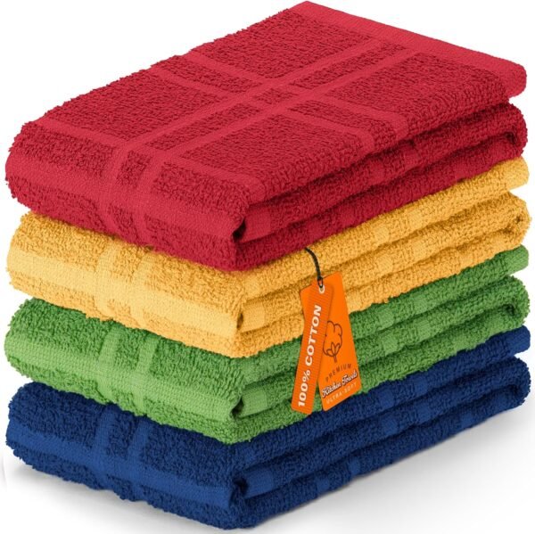 DecorRack Large Kitchen Towels, 15" x 25" Absorbent Dishcloths, 100% Cotton Hand Towels, Plaid Pattern Cleaning Rags, Assorted Set (Pack of 4)