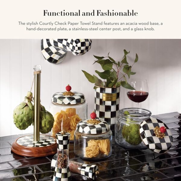 MACKENZIE-CHILDS Wood Paper Towel Holder, Decorative Paper Towel Holder for Kitchen, Black-and-White Courtly Check - Image 2