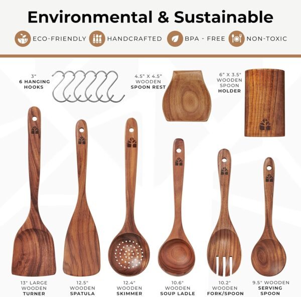 Wooden Spoons for Cooking, Wooden Cooking Utensils Set, Wooden Utensil Set with Holder, Spoon Rest & Hooks, Kitchen Gifts for Women, Kitchen Cookware – Durable Set of 8pcs by Woodenhouse - Image 5