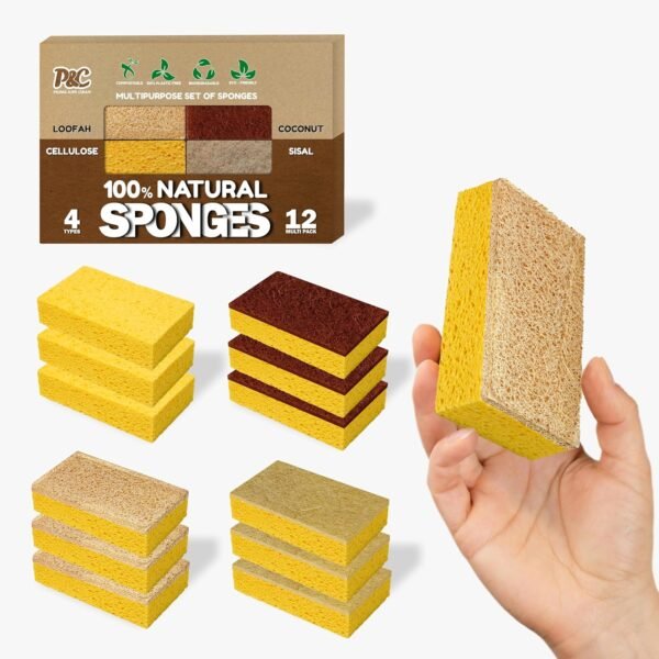 Natural Sponges, 12 Pack, Ideal for Cleaning Kitchen, Bathroom & Household (Loofah, Coconut, Cellulose and Sisal Scrubbers), Eco-Friendly, Compostable, Biodegradable, 4 Types of 3 Pcs.