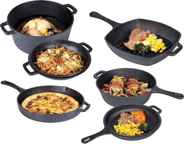 Bruntmor Pre Seasoned 6 pcs Pots And Pans Set - Double Dutch Oven Crockpot - Cooking Set - Cast Iron Skillets and Square Grill Pan with Lid - Outdoor Camping Cookware - Kitchen Accessories - Image 8