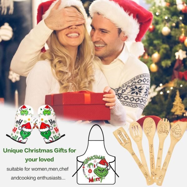 8PCS Bamboo Christmas Kitchen Utensil Set - Green Monster Theme Christmas Gifts for Women Men, Wooden Cooking Spoons, Apron, Oven Mitt Set with Gift Box for Christmas House Warming Wedding Present - Image 7