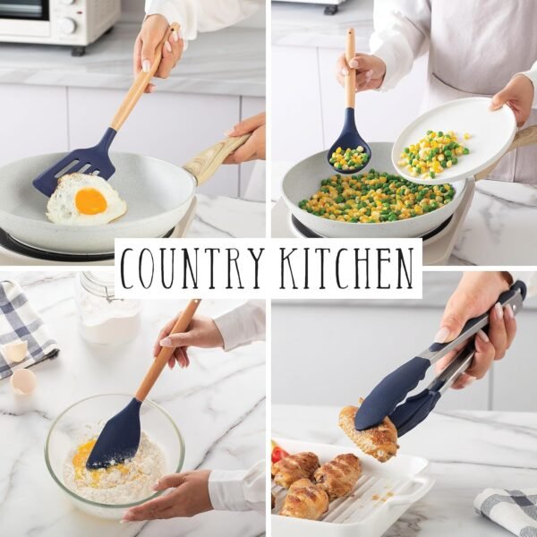 Country Kitchen Non Stick Silicone Utensil Set with Rounded Wood Handles for Cooking and Baking, 38 Piece Set, Navy - Image 6