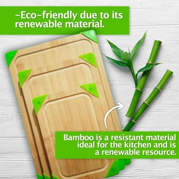 Bamboo Cutting Boards for Kitchen, Set of 3 with Juice Slot and Non-Slip Corners, Double-Sided Wooden Chopping Board for Meat, Fruits, Vegetables and Cheese - Image 6
