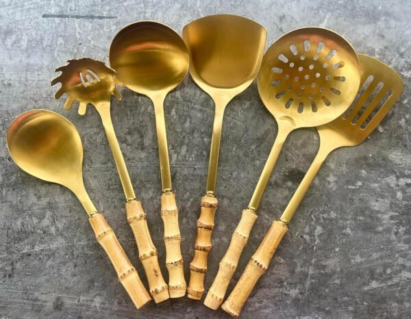 Bamboo Stainless Steel Cooking Tools Utensils Stainless - Brass/Gold Cooking and Serving Utensils - Gold Kitchen Utensils - Bamboo Wood Handled Gold Kitchen Utensils For Gold Kitchen - Image 6