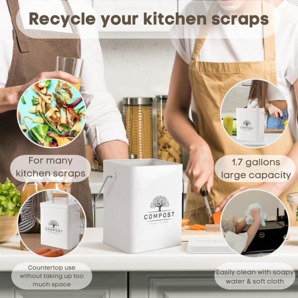 Perfnique Kitchen Compost Bin, 1.7 Gallon Countertop Compost Bin with Lid, Indoor Compost Bin Includes 2 Carbon Filters, Small Compost Bucket, Food Waste Bin for Kitchen with Trash Bags (Cream White) - Image 3