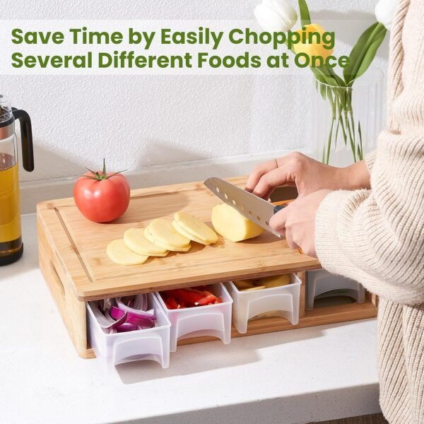 Bamboo Cutting Board with Containers, Lids, and Graters, Large Wood Cutting Board with Containers, Food Dropping Zone, Carving Board with Easy-grip Handle, Juice Groove - Image 3