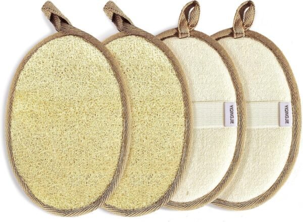 Natural Loofah Sponge Exfoliating(4 Packs),Made with Eco-Friendly and Biodegradable Shower Luffa Sponge, Loofah for Women and Men, Brown