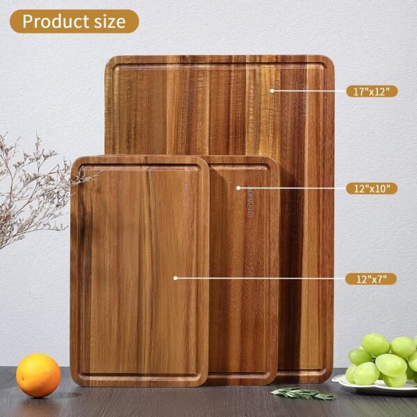 Wood Cutting Boards Set of 3 for Kitchen, Thick Chopping Board, Large Wooden Cutting Board Set with Deep Juice Groove and Handles, Wooden trays for meat, fruit and cheese (17x12, 12x10, 12x7 inch) - Image 2