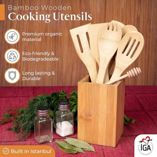 IGA Organic Bamboo Cooking Utensils Set Spoons, Spatulas With Holder For High Heat Resistant In Nonstick Pots, Pans & Cast Irons Skillets (8-Piece Set) Great Gift Idea For Everyday Use - Image 2