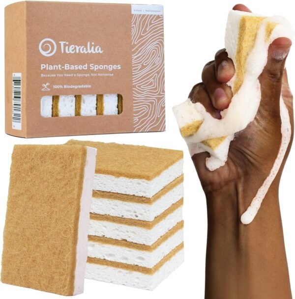 Tieralia Plant-Based Sponges - 6 Pack - 100% Compostable, Non-Scratch, Odor-Free - Made from Wood Cellulose & Sisal for Kitchen Cleaning