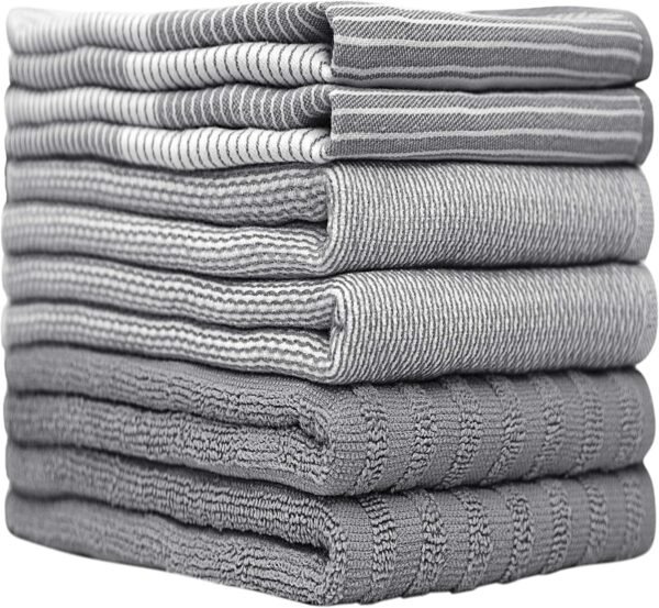 Premium Kitchen,Hand Towels (20”x 28”, 6 Pack) Large Cotton, Dish, Flat & Terry Towel Highly Absorbent Tea Towels Set with Hanging Loop Gray - Image 2