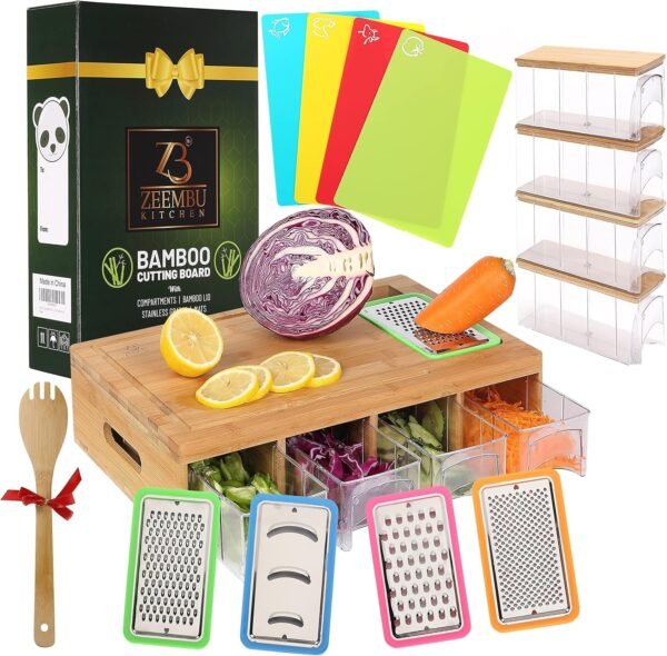 Bamboo Cutting Board With Containers and Mats for Quick Meal Prep. Sturdy and Multifunctional Chopping Board with Stackable Containers for Easy Storage. Great Gift for Cooking Enthusiast.
