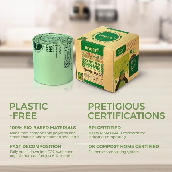 ANECO 100% Compostable Food Waste Bags 3 Gallon, 100 Count, Extra Thick Compost Bags for Countertop Bin, Small Compost Bag, Food Waste Bags with TUV OK Compost Home and BPI certified - Image 6
