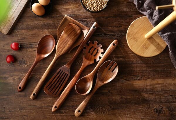 NAYAHOSE Wooden Spoons for Cooking, 8 Pcs Wooden Cooking Utensils Set for Kitchen, Natural Teak Wood Non-Stick Cooking Spoons with Bamboo Holder, Kitchen Hanging Organizer Set - Image 7