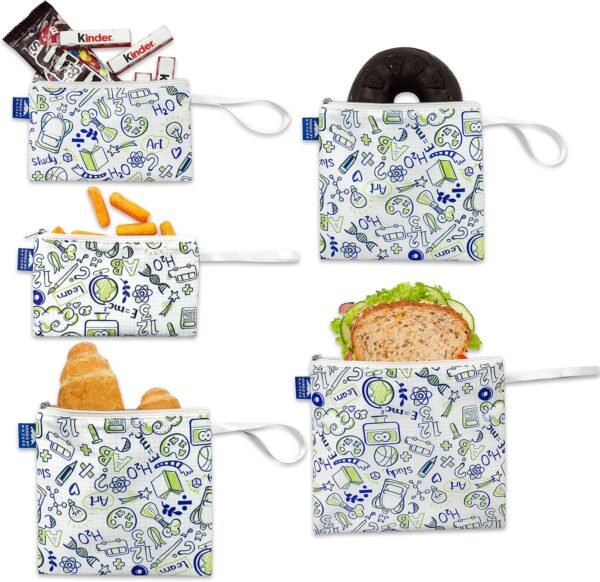 Nordic By Nature Reusable Sandwich Bag Snack Bags - Value Pack of 5 Dual Layer Lunch Baggies - Dishwasher Safe - Eco Friendly Cloth Wraps - Easy Open Zipper (Back to School)