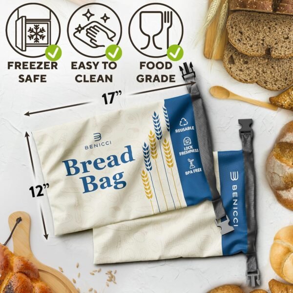 Reusable Bread Bags 2 Pack - Perfect For Storage of Homemade Sourdough Loaf Bread - Extra Large Food-Grade Bags - Special Double-Lock for Longer Freshness - Freezer-Safe Bags for Bread Lovers - Image 3