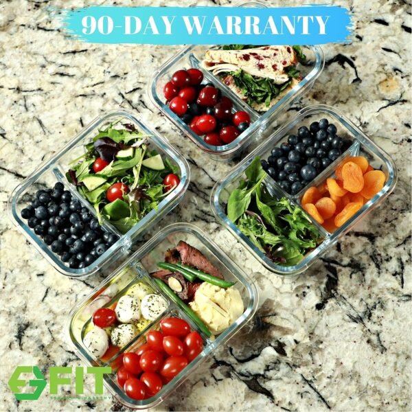 FIT Strong & Healthy 2 & 3 Compartment Glass Meal Prep Containers (4 Pack, 32 oz) - Food Storage Containers with Lids, Bento Box , Portion Control, Airtight, Oven & Freezer safe - Image 7