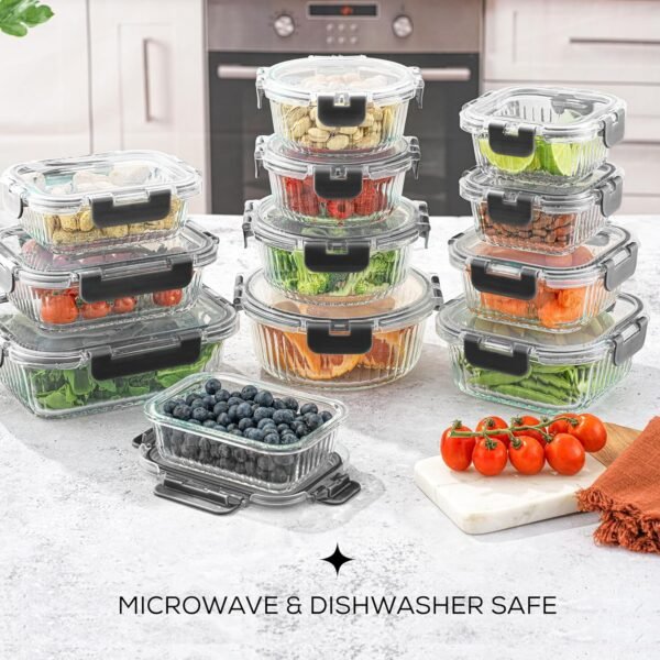 JoyJolt 24pc Fluted Glass Storage Containers with Lids. 12 Airtight, Freezer Safe Food Storage Containers, Pantry Kitchen Storage Containers, Glass Meal Prep Containers for Lunch - Image 3