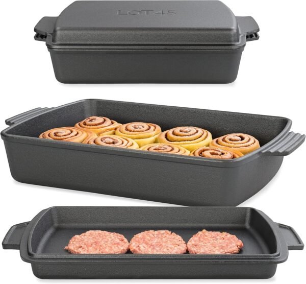 Lot45 Cast Iron Casserole Dish with Lid - 9 x 13 Double Dutch Oven Braising Pan with Lid - 6 Quart Preseasoned 2 in 1 Cast Iron Cookware Set with Braiser Pan and Flat Top Griddle Skillet Lid