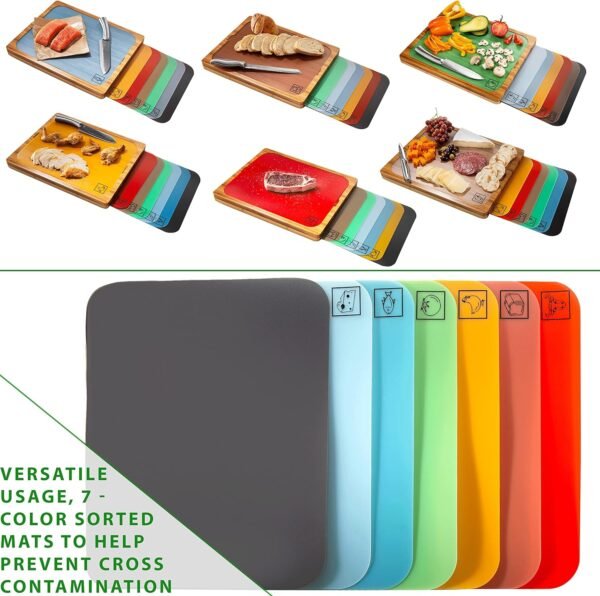 Seville Classics Bamboo Premium Wood Cutting Board Serving Tray w/ 7 Color-Coded BPA-Free Mats, for Chopping Bread, Cheese, Fruits, Vegetables, Meats, Charcuterie (PATENTED), Bamboo (NEW MODEL) - Image 5