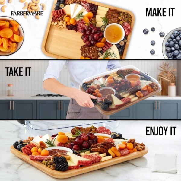 Farberware Build-A-Board Bamboo Cutting Board with Clear Locking Lid and Black Handles, Perfect for Charcuterie, Snacks, and More - Make it. Take it. Enjoy it, 11x14 Inch, Single Compartment - Image 2