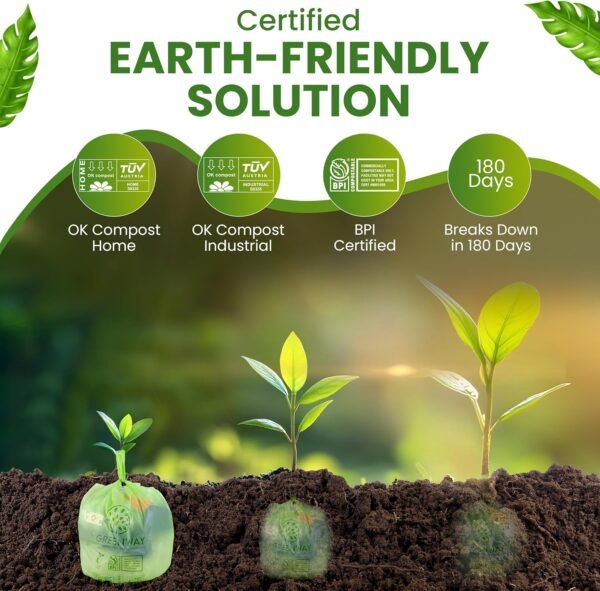 GREENWAY 1.6 Gallon Compostable Trash Bags Handle tie, 100 Count, Biodegradable Trash Bags for Countertop Bin, Kitchen, Office, and Outdoor, US BPI & Europe OK Compost Home Certified - Image 6