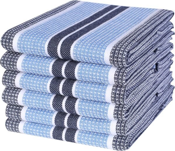 Honeycomb Stripe Kitchen Towel 18x28inch Navy/Sky Blue,100% Cotton, Quick Dry, Tea Towels,Bar Towels, Highly Absorbent,Cleaning Towels, Kitchen Tea Towels, Absorbent Dish Cloth Set of 6