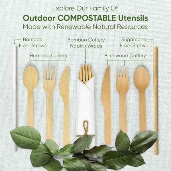 Premium Pre-Rolled Napkin and Bamboo Cutlery Set (30 Pack, 120 PCS) 100% Biodegradable, Eco-Friendly, Disposable Wrapped Cutlery - Includes Pre-Wrapped Bamboo Forks, Knives, Spoons, & Napkins - Image 7