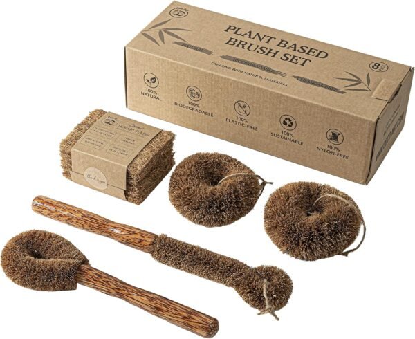 Natural Coconut Srub Brush Set of 8, Cleaning Brush with Handle for Dish, Bottle, Vegetable, Pan, Pot, Planted Based Coconut Fibers, 8 pcs Kitchen Tool, Sturdy, Deep Cleaning - Image 2