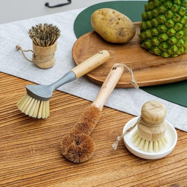 Natural Bamboo Dish Brush Bottle Scrub Brush 4-Piece Set, with Ceramic Soap Dispenser - Wooden Washing Up Brushes with Sturdy Handles for Cleaning Dishes, Pots, Pans, Gift Kit - Image 2