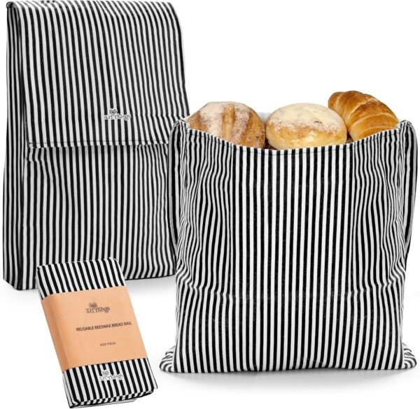 Li'l Things Eco-friendly Reusable Beeswax Bread bags | Improved Beeswax Coating | Set of 2 Sizes |13'x13' & 15’x9’ | 6 Different Themes | Great for Home-Baked Store Bought Bread | Stripey Black
