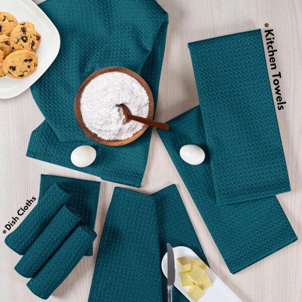 Native Fab Kitchen Towels 4 Pack (16"x26") & Dish Cloths 4 Pack (12"x12") - 8 Piece Kitchen Set, 100% Cotton, Absorbent & Durable for Cleaning and Cooking - Great for Cooking & Baking - Teal Green - Image 2