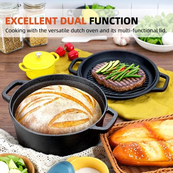 Pre-Seasoned Cast Iron 2-In-1 Heavy-Duty 5.5qt Dutch Oven With Skillet Lid Set, Oven,Grill, Stove Top, BBQ and Induction Safe - Image 2
