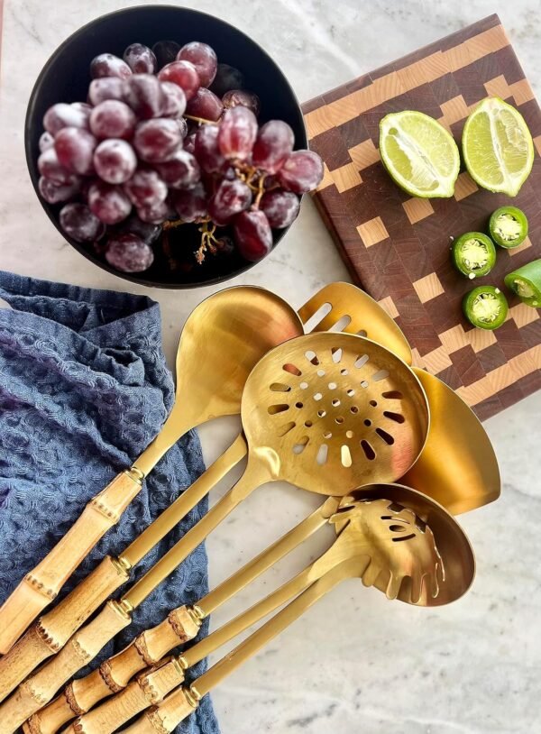 Bamboo Stainless Steel Cooking Tools Utensils Stainless - Brass/Gold Cooking and Serving Utensils - Gold Kitchen Utensils - Bamboo Wood Handled Gold Kitchen Utensils For Gold Kitchen - Image 2