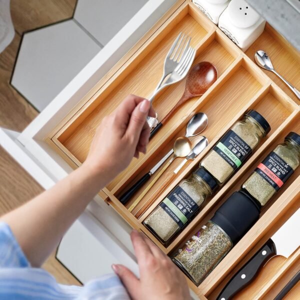 2-Piece Bamboo Silverware Organizer, Expandable Kitchen Drawer Organizer for Cutlery and Utensils, Multifunction Adjustable Bamboo Wood Cutlery Tray in Drawer for Flatware, (Natural) - Image 6