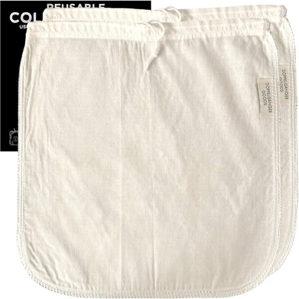 (2-Pack) Organic Cotton Cold Brew Coffee Bag - Designed in California - Reusable Coffee Filter with EasyOpen Drawstring Cold Brew Maker for Pitchers, Mason Jars, & Toddy Systems (Large 12" x 12")