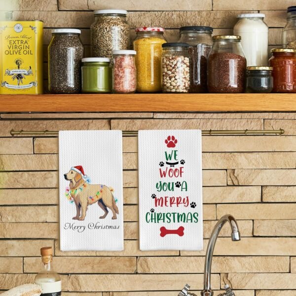 Funny Christmas Dog Kitchen Towels,Christmas Hand Towels,Christmas Dog Waffle Weave Kitchen Dish Towels,Golden Retriever Tea Dish Towels For Kitchen Bathroom,Gifts For Dog Lovers(16×24 set of 2) - Image 2