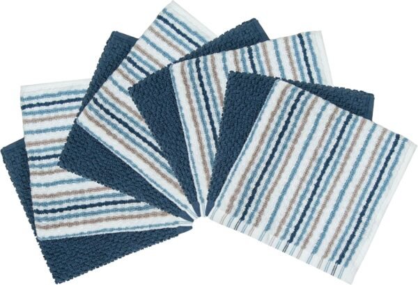 Bumble Premium Dish Cloths Towel 12"x12" | 100% Natural Ring Spun Cotton Tea Towel Set | 430 GSM | Highly Absorbent & Soft Dish Towels | 8 Pack - 4 Popcorn Striped & 4 Solid Kitchen Towels - Blue - Image 2