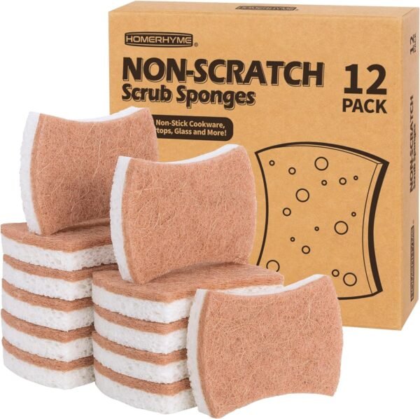 HOMERHYME Natural Dish Sponge 12 Pack, Non-Scratch Scrub Sponge, Eco Multipurpose Kitchen Sisal Fiber Cellulose Sponge, Biodegradable Odor-Less Dual-Sided Sponge for Dish Washing & Household Cleaning