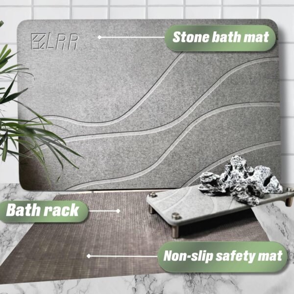 LRR Eco-Friendly Diatomaceous Earth Stone Bath Mat - Versatile for Bathroom & Kitchen, Absorbent Shower Mat, Durable Bath Mats for Bathroom Elegance, 1 Stone Bath Mat - 1 Soap Dispenser Coaster - Image 4