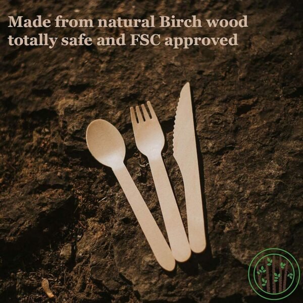 Disposable Wooden Cutlery Sets - 150 Piece Total: 50 Forks, 50 Spoons, 50 Knives, 6 Inch Length Ecological Biodegradable Compostable Wooden Utensils Wooden Cutlery - Image 7