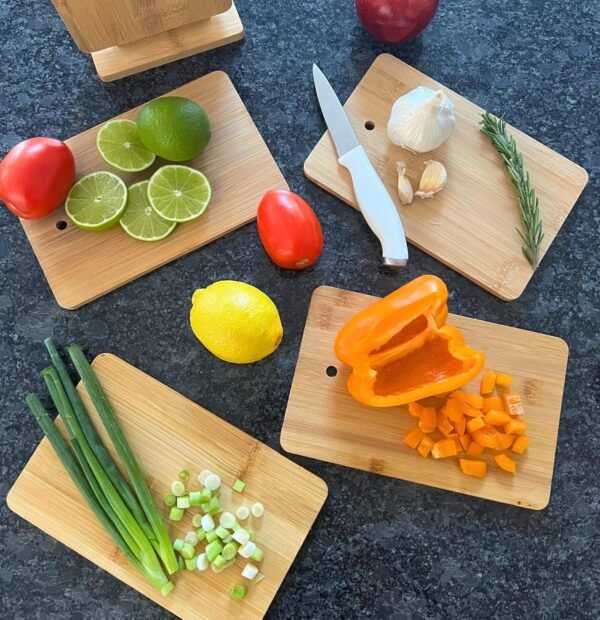 THY COLLECTIBLES Set of 6 Small Bamboo Cutting Boards with Holder Stand - Kitchen Chopping Board Serving Tray for Bread Meat Cheese Fruit and Vegetables (8.75" x 5.5") - Image 4