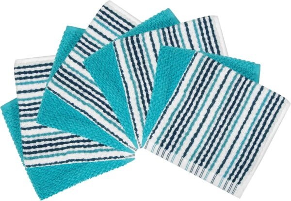 Bumble Premium Dish Cloths Towel 12"x12" | 100% Natural Ring Spun Cotton Tea Towel Set | 430 GSM | Highly Absorbent & Soft Dish Towels | 8 Pack - 4 Popcorn Striped & 4 Solid Kitchen Towels - Aqua - Image 2